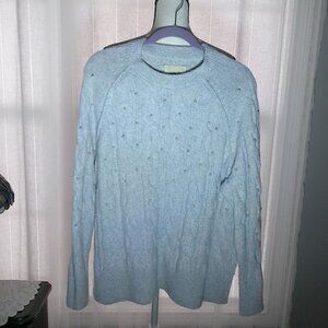 AERIE Long Sleeve Scoop Neck Light Blue/Gray Cable Knit Sweater w/Pearls XS